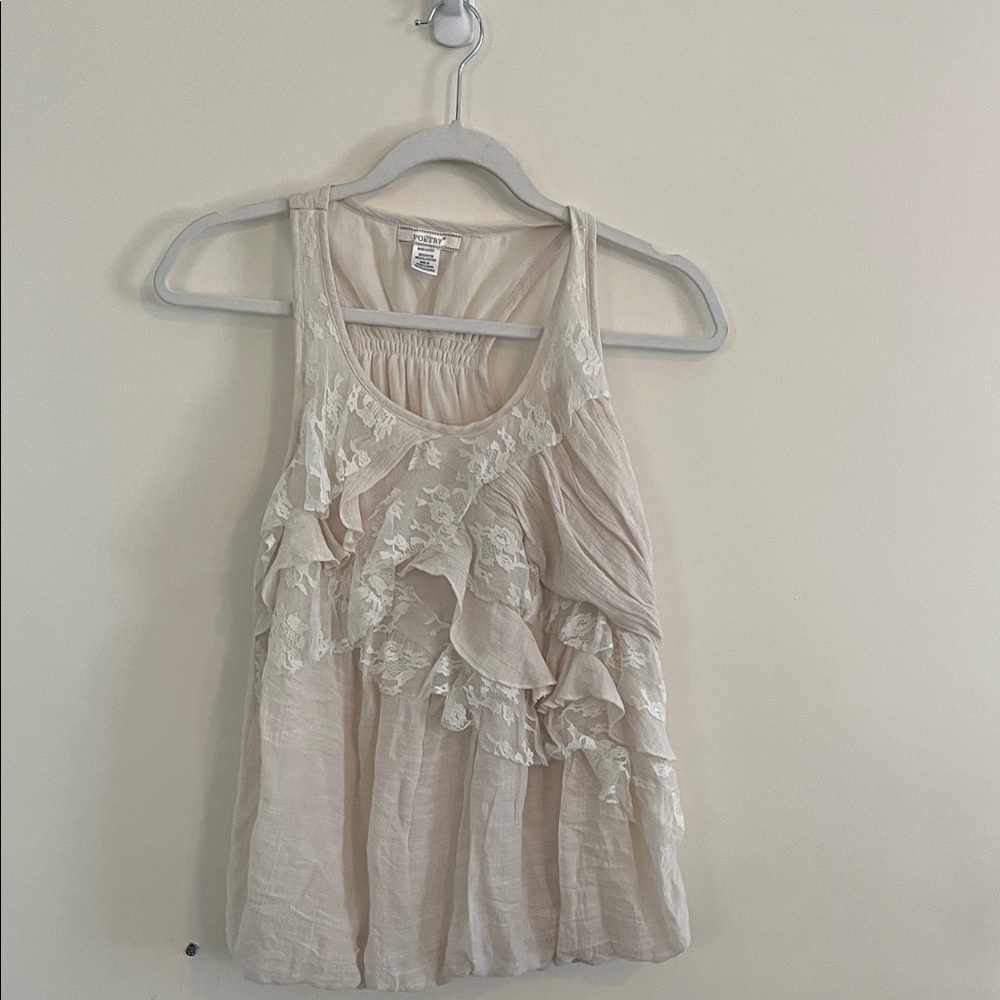 Poetry‎ Cream Tank Top Lace M Romantic Bubble Hem Racerback Crepe Feminine